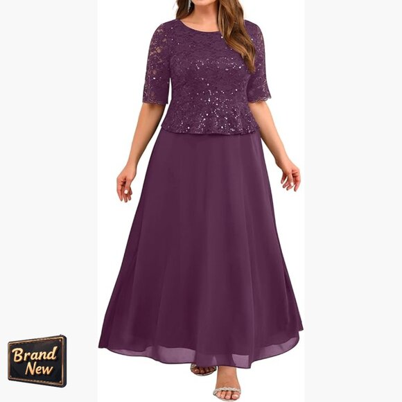 Plus Size Sequin Lace Formal Dress A-Line 3/4 Sleeve Wedding Guest Gown